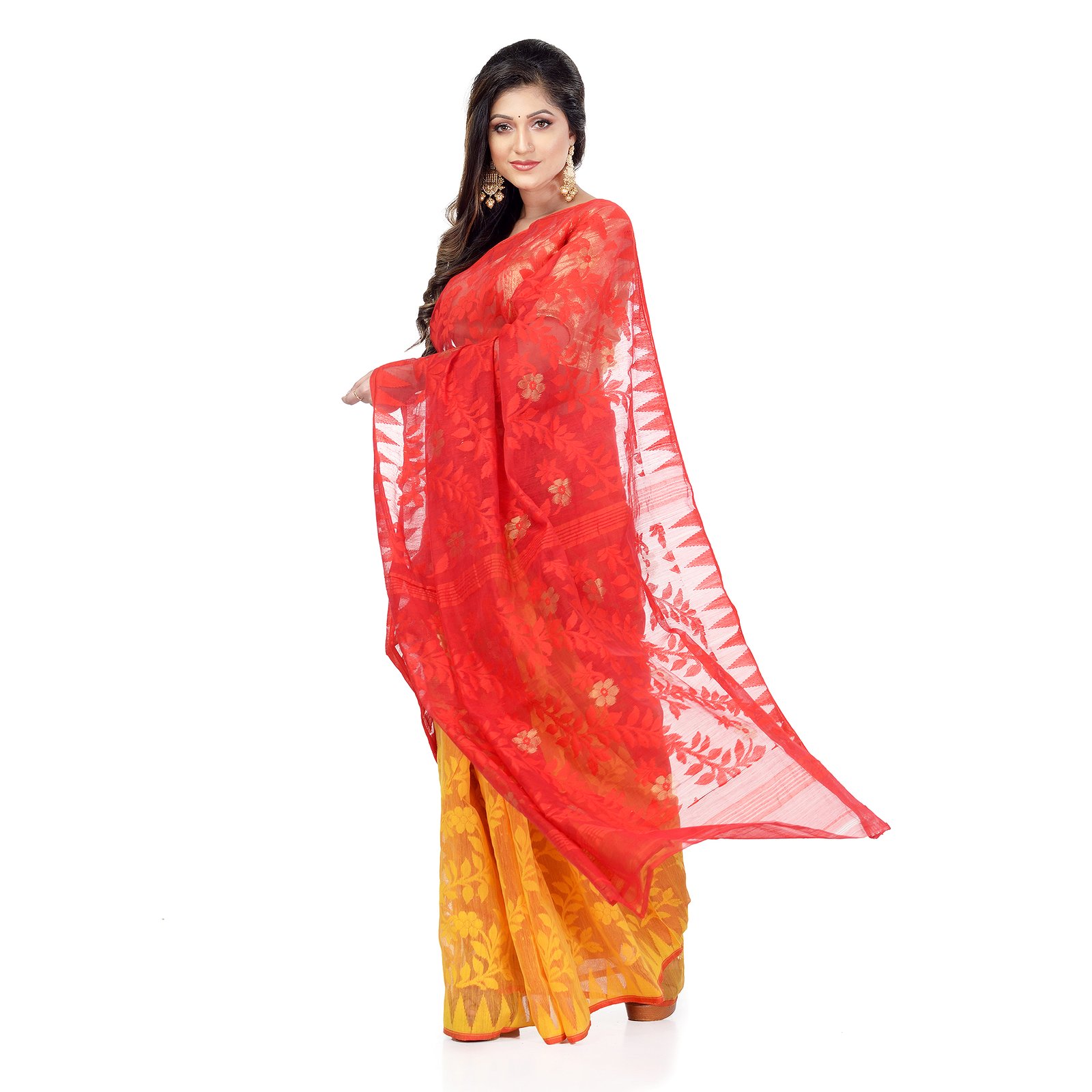 Desh Bidesh Women`s Traditional Bengal Handloom Tant Dhakai Jamdani Cotton Saree Whole Body Design(Red Yellow)